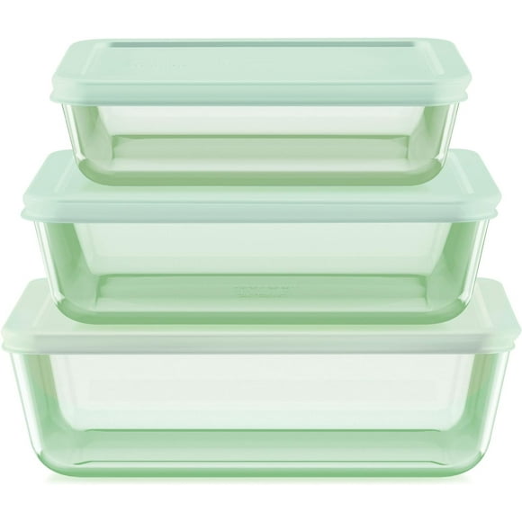 Pyrex Colors (3-Pack, Large) Tinted Glass Rectangle Food Storage Container Set, Snug Fit Non-Toxic Plastic BPA-Free Lids, Freezer Dishwasher Microwave Safe, 3 Cup, 6 Cup & 11 Cup, Green