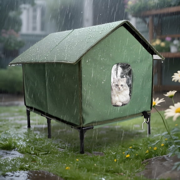YUWENUS Outdoor Cat House with Escape Door for Outdoor Weatherproof Cat Shelter Insulated Outdoor Cat House,Green,Small