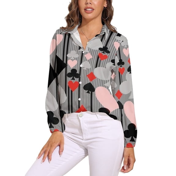 CASINO NIGHT'S CARD SUITES STRIPES GREY ART Long Sleeve Blouse Woman Streetwear Casual Shirts Summer Oversize Woman Streetwear Clothing Birthday Present