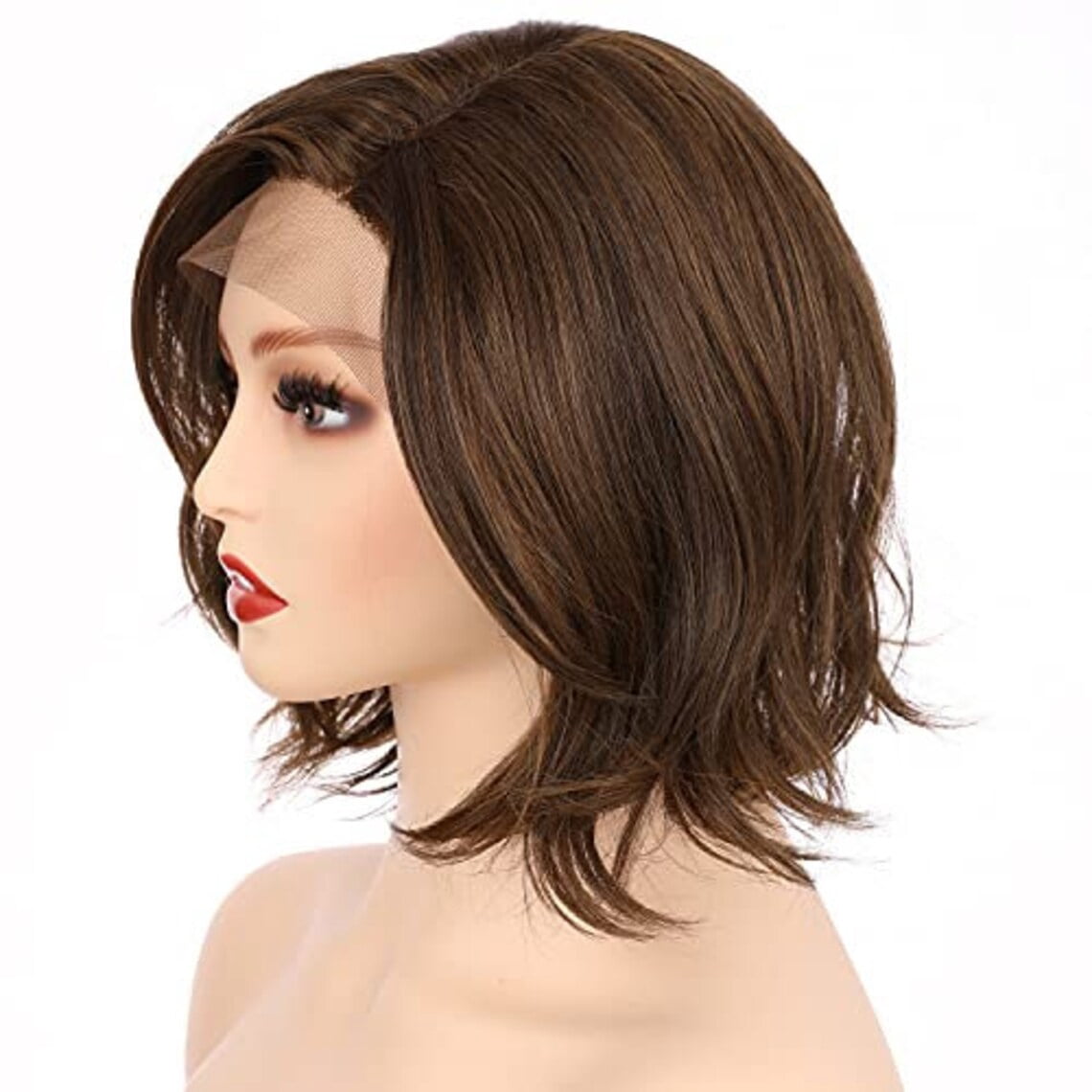 Onedor 10 Inch Side Part Lace Front Short Wavy Hair Bob Wigs for Women (Medium Brown Evenly Blended with Warm Medium Brown)