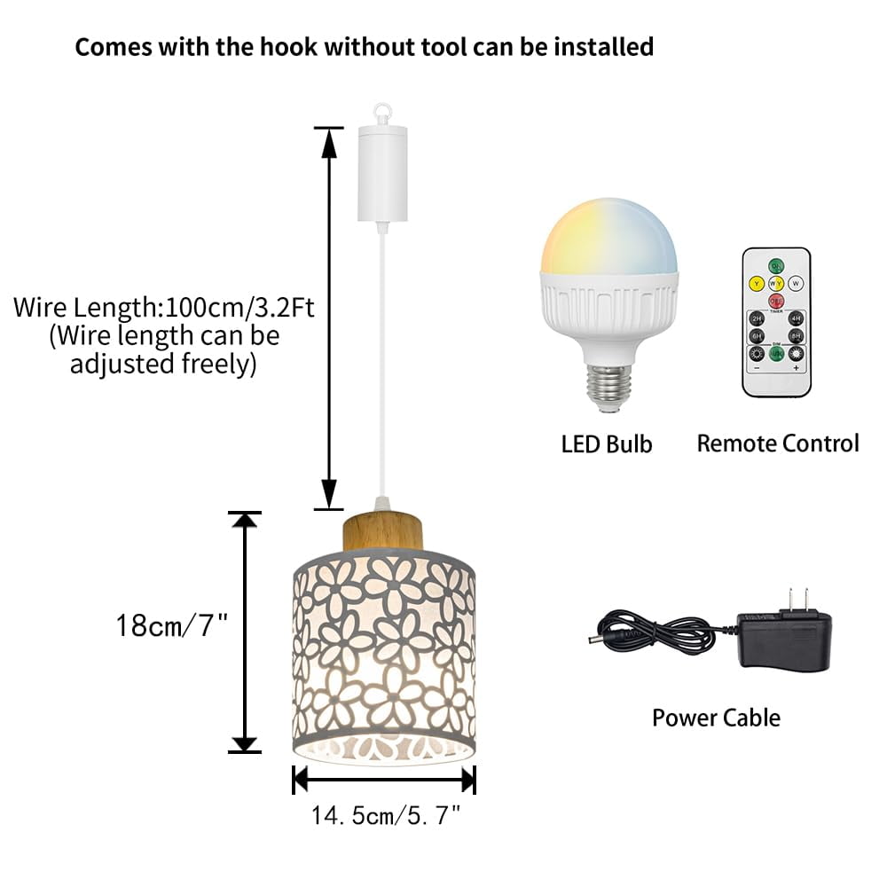 KAYYELAMP 2Pcs Rechargeable Battery Adjusted Height Hanging Light Remote LED Dimmer Timing Bulb Wood Base Petal Pattern Shade Modern Design for Depot Kitchen Farmhouse