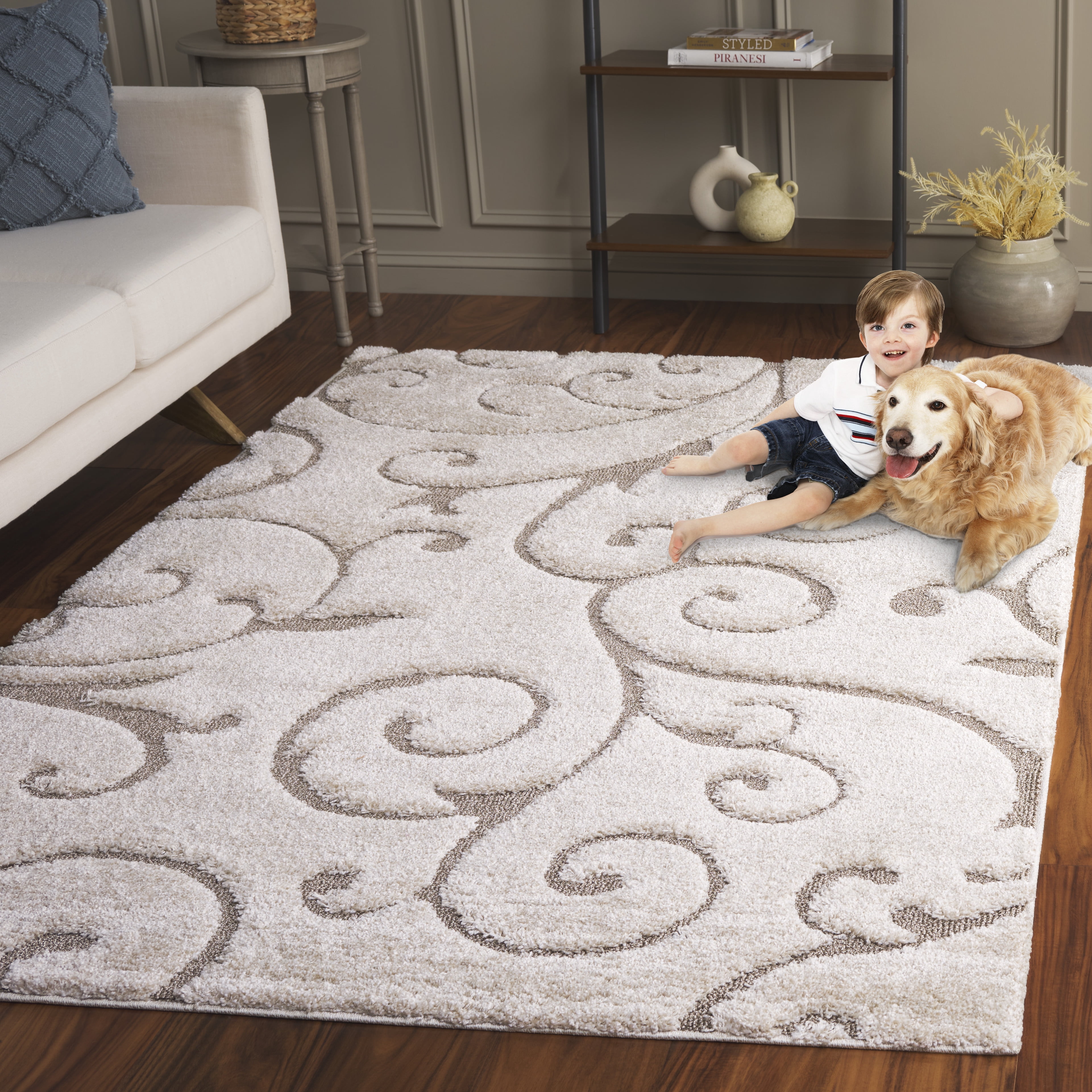 SAFAVIEH Florida Doug Floral Vines Geometric Shag Area Rug, Cream/Beige, 8' x 8' Square - Transitional Modern Design, Cream & Beige, Non-Shedding & Easy Cleaning, Ultra Plush Thick Pile, Ideal for Li