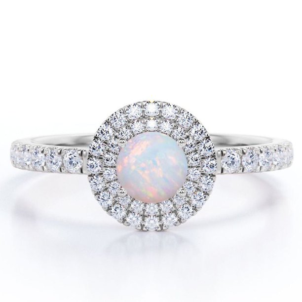 JeenMata Anillo de Compromiso de 1,75 Quilates con Ópalo Australiano de Corte Redondo y Moissanita, con Doble Halo y Engaste Pavé, Chapado en Oro Blanco de 18 K sobre Plata