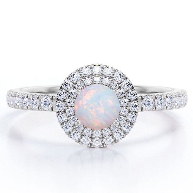 JeenMata Anillo de Compromiso de 1,75 Quilates con Ópalo Australiano de Corte Redondo y Moissanita, con Doble Halo y Engaste Pavé, Chapado en Oro Blanco de 18 K sobre Plata