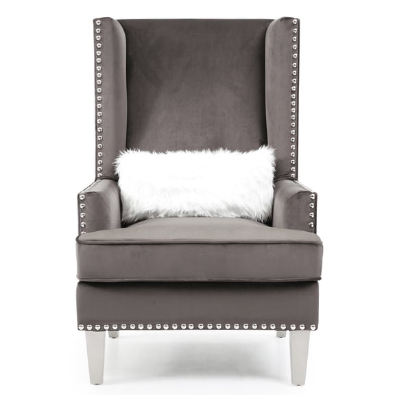 Wilshire Dark Gray High back Velvet Accent Chair with Faux Fur Pillow