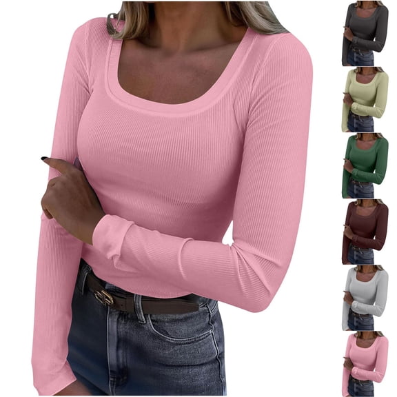 Sexlip Womens Long Sleeve Scoop Neck Ribbed Knit Fitted Casual Tops Tee Slim Basic Shirts Green L