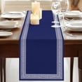thumbnail image 3 of Navy Blue Geometric 108 Inch Table Runner, White Greek Key Farmhouse Farmhouse Dresser Scarf Cotton & Linen Tablerunner for Dining/Kitchen Island/Holiday Party Décor 13" x 108", 3 of 9