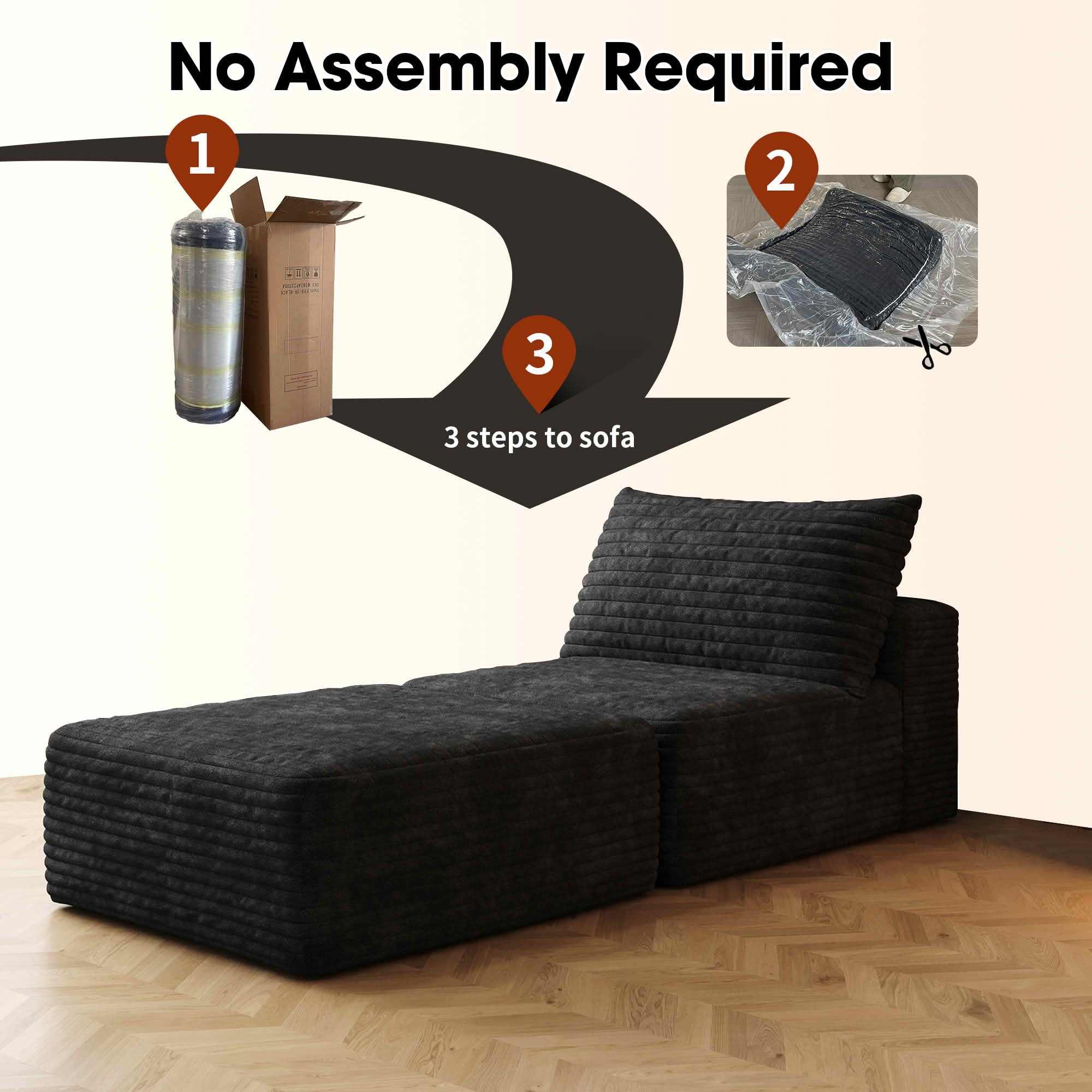 MAYEERTY 66.9" Convertible Sofa Bed, Sleeper Chair with Pillow & Back Support, Plush Corduroy Fabric, Single Floor Lounge, Black