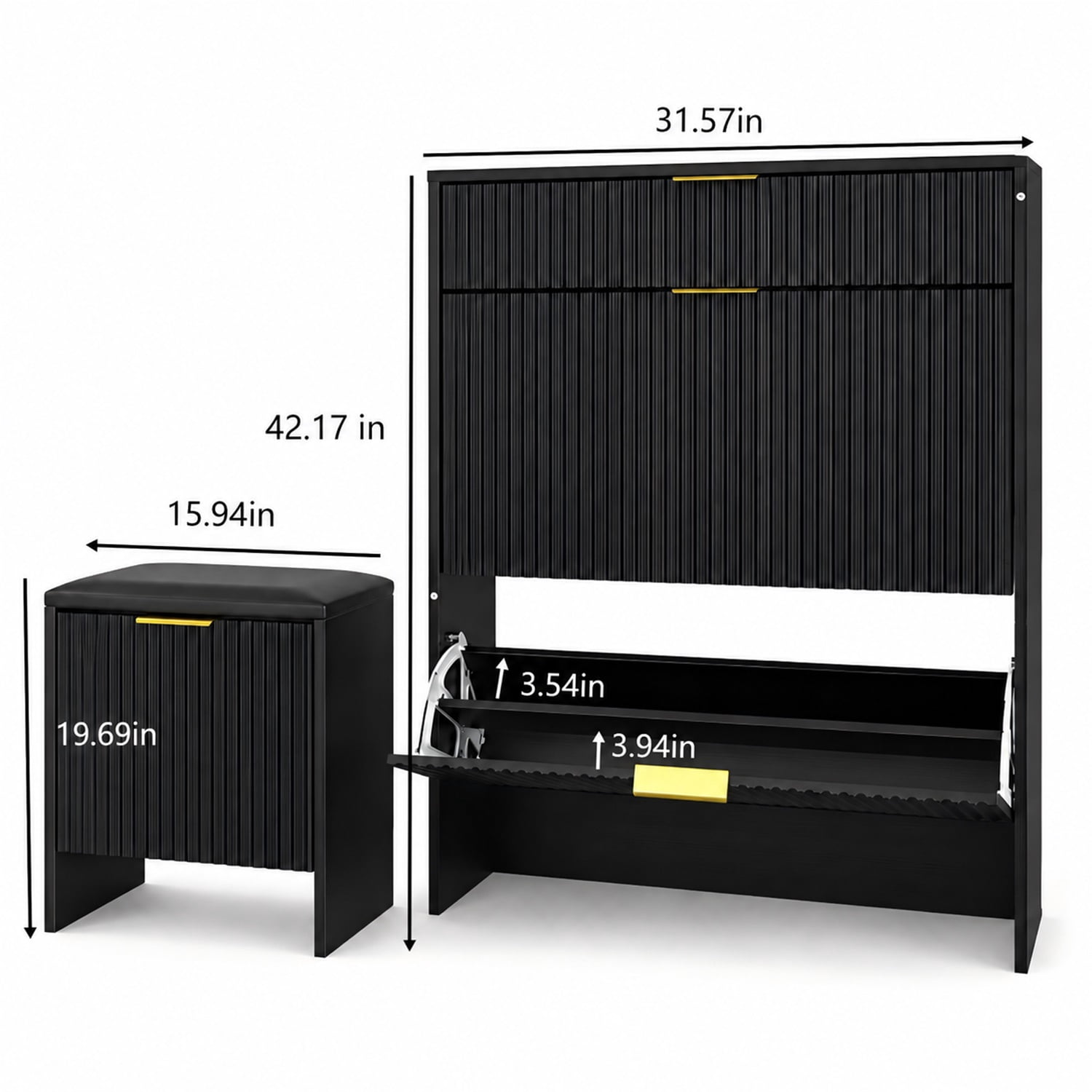 Hommoo Fluted Shoe Storage Cabinet Set with Padded Bench & Gold Hardware, Modern Narrow Entryway Organizer for Shoes, Boots, Heels, Black