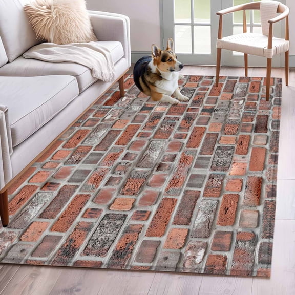Area Rug for Living Room, Red Brick Wall Non-Slip Indoor Large Carpet for Bedroom/Dining Room, Vintage Farmhouse Stone Rocks Geometric Print Washable Low-Profile Floor Mat Runner Rugs - 3 x 5 Ft