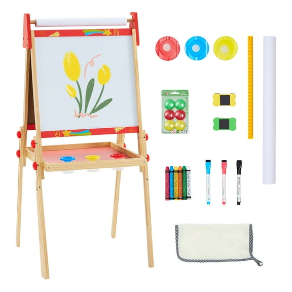 Gianna Kids Easel Set with Paper Roll, Adjustable Height Wooden Double-Sided Magnetic Chalkboard & Whiteboard Art Station for Girls and Boys,Red