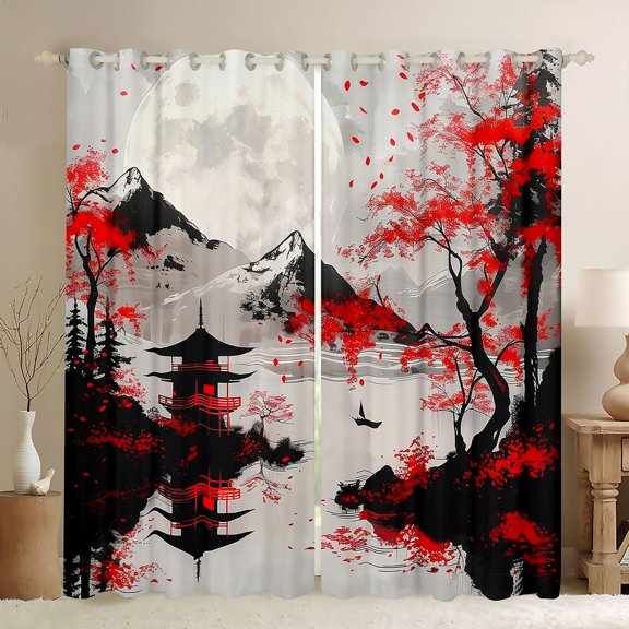 Manfei Ink Fuji Black Out Curtains for Home, Red Blossom Moon Curtains Pack of 2 (42x63 Each) for Office, Black Red White