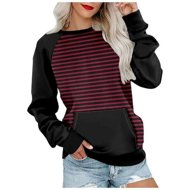 Wyzesi Chandails en Molleton d'Automne pour Femmes, Mode Décontractée Rayée, Couleur Unie, avec Poche, Col Rond, Manches Longues, Sweat à Capuche, Chandails en Molleton Roses pour Femmes TG