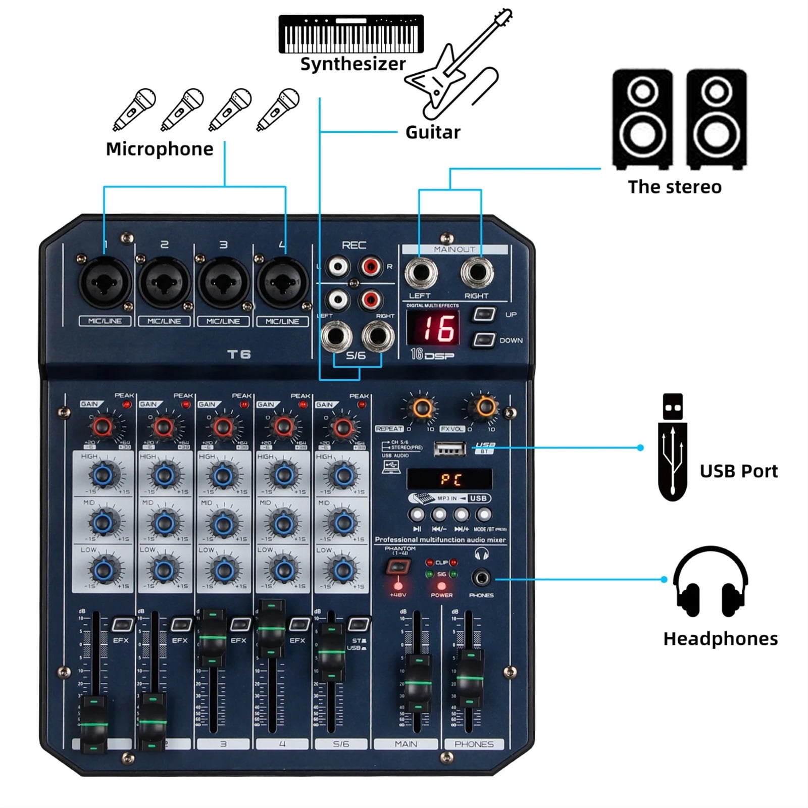 Sound Table T6 Au-dio Mixer 6-Channel Sound Card Processor 16DSP Sound Controller Interface for PC Recording Streaming