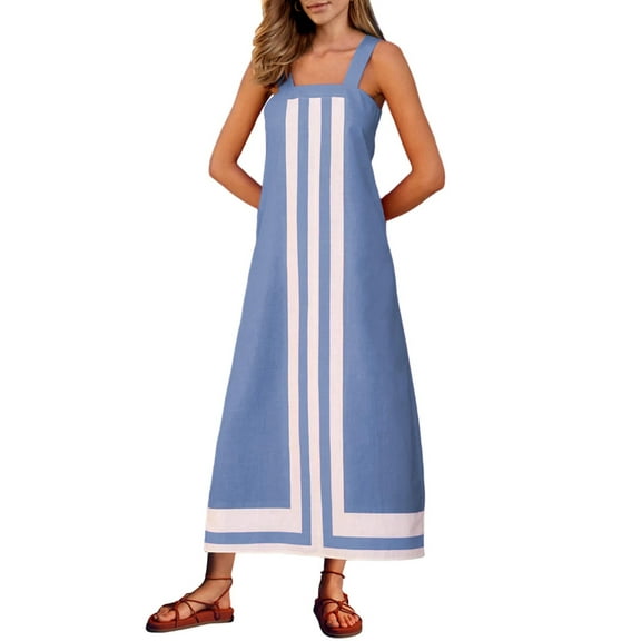 Women Bohemian Floral Dress Summer Casual Color Block Maxi Beach Overall Dress Coverups Light Blue M