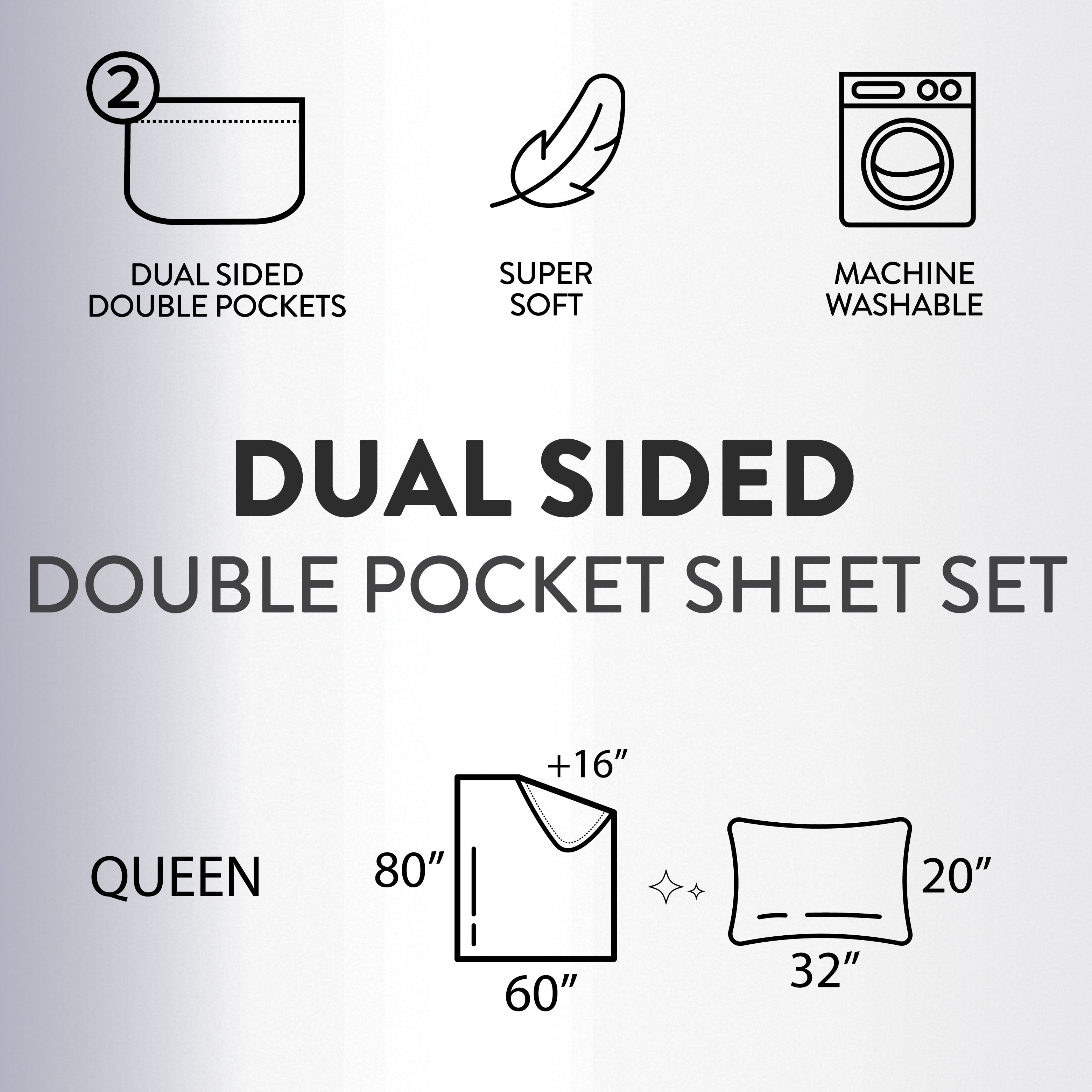 Urban Shop Double Sided Tech Pocket Fitted Sheet with Pillowcase, Queen, White