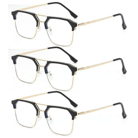 3 Pairs of Black and Gold Rimmed Aviator-style Square Reading Glasses for Men, Blue Light Blocking Metal Readers, Fashion Classic Presbyopia Glasses