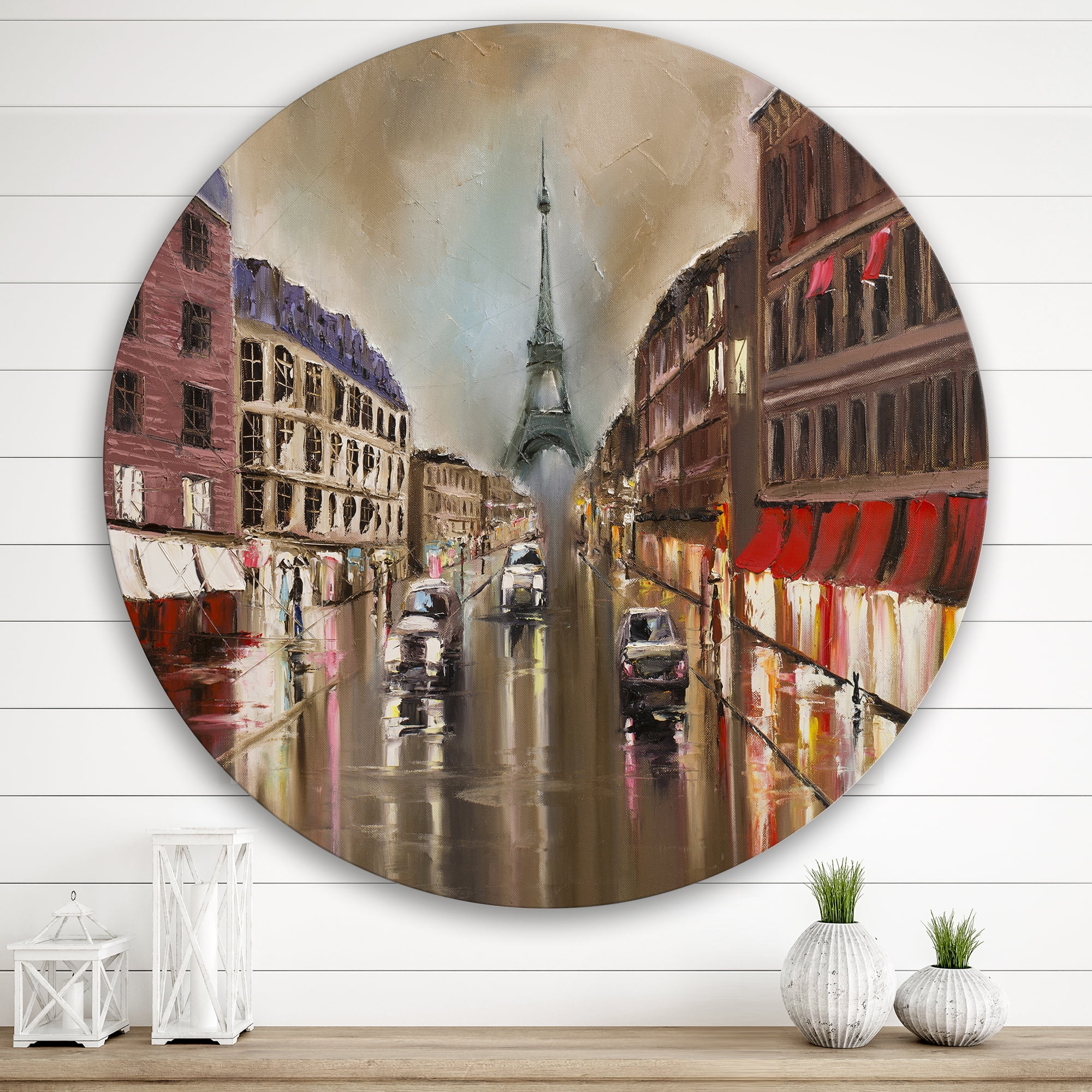 Designart 'Quiet Rainy Street In Gray Eiffel Tower Paris' Traditional Circle Metal Wall Art 36x36 - Disc of 36