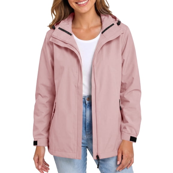 Windbreaker Jacket for Women Detachable Hooded Windproof and Waterproof Jacket with Pockets Solid Color Hooded Zip Up Casual Lightweight Hiking Travel Jackets