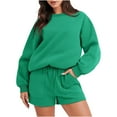 thumbnail image 1 of Ensembles de Shorts en Molleton Surdimensionnés pour Femmes, Col Rond, Manches Longues, Chandails à Enfiler, Shorts à Taille Élastique, Ensembles Assortis, Tenues 2 Pcs, Survêtements, Survêtement Uni pour Femmes, Vert, 1 of 9