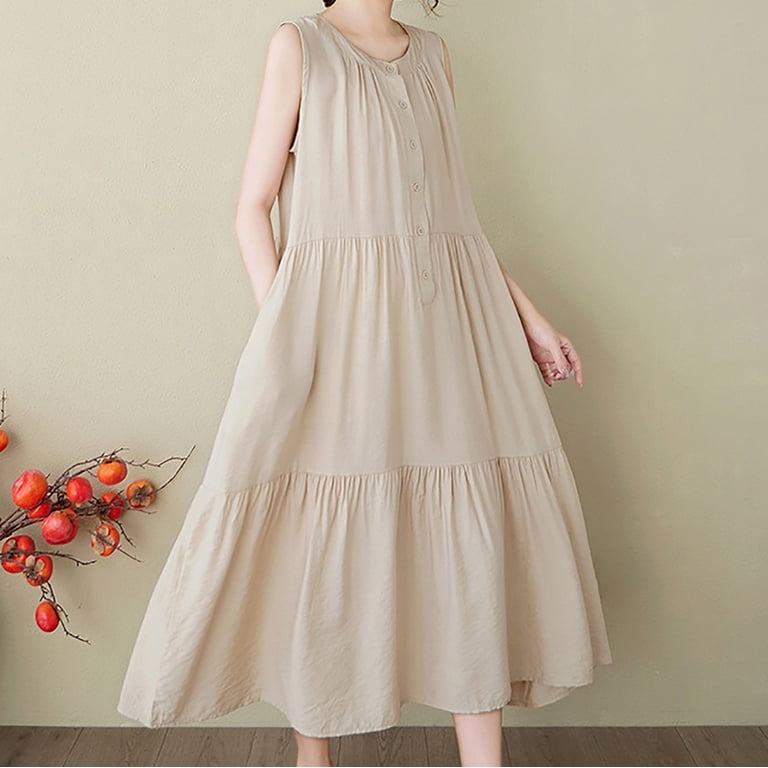SMihono Women's Cotton Linen Sleeveless Maxi Dress Button Down Midi Dresses  Summer Solid Color Casual Loose Flowy Beach Dress Khaki XXL - Walmart.com