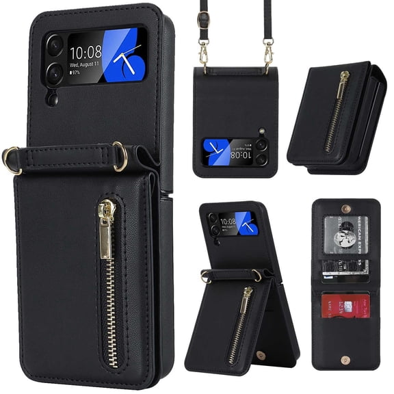 Crossbody zipper card holder leather phone case suitable for Samsung Galaxy Z flip3, lanyard and flip bracket