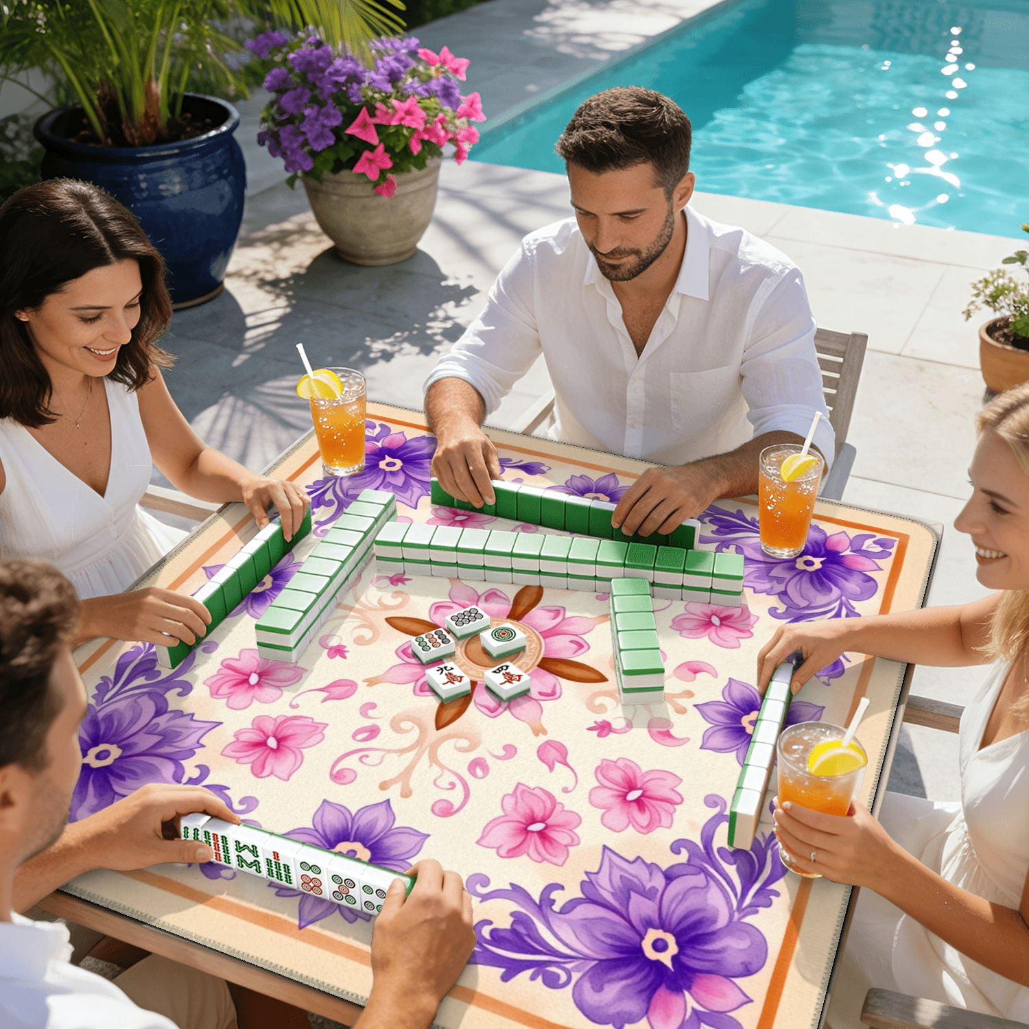 Mahjong Mat 31.5" x 31.5" Floral Mandala Pink Purple Flowers Ornate Details Non-Slip Noise Reduction American Mahjong Tiles Table Cover for Dominoes Poker Card Board Games Gift