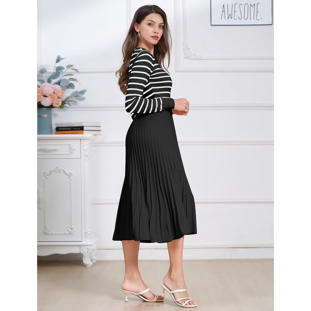 IDOPIP Womens Long Sleeve Striped Midi Dresses 2024 Square Neck Ribbed Knit  Pleated A Line Sweater Dress - Walmart Business Supplies
