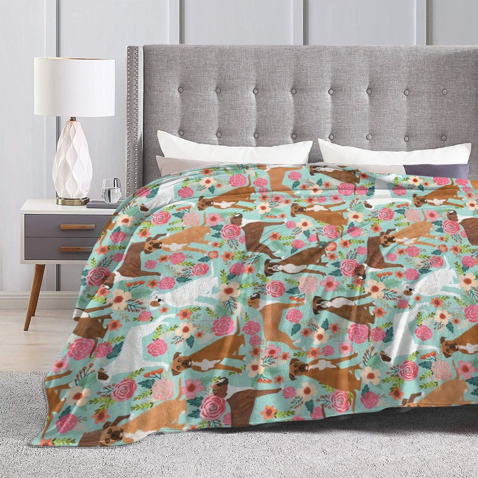Wijzvio Boxer Dogs Lovers Flower Floral Throw Blanket Soft Fuzzy Fleece Blanket For Couch Bed Living Room Decoration 50"X40"