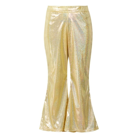 renvena Girls Shiny Metallic Flare Pants Hip Hop Jazz Dance Pants Hippie Bell Bottom Wide Leg Trousers Dancewear