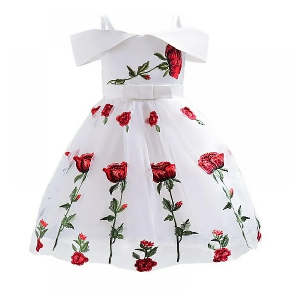 XBASW Kids Toddler Girls off Shoulder Princess Dress Rose Embroidered Tulle Dress for 3-9 Years Old Summer Flower Girl Party Gown