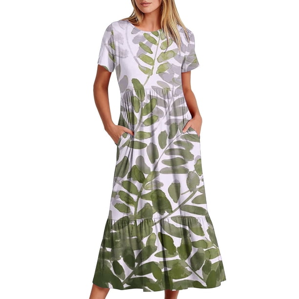 Vestido de Manga Corta para Mujeres Vestido de Verano de Cuello Redondo Impreso, Poliéster de Tamaño Verdadero Diario Y Vestido de Fiesta