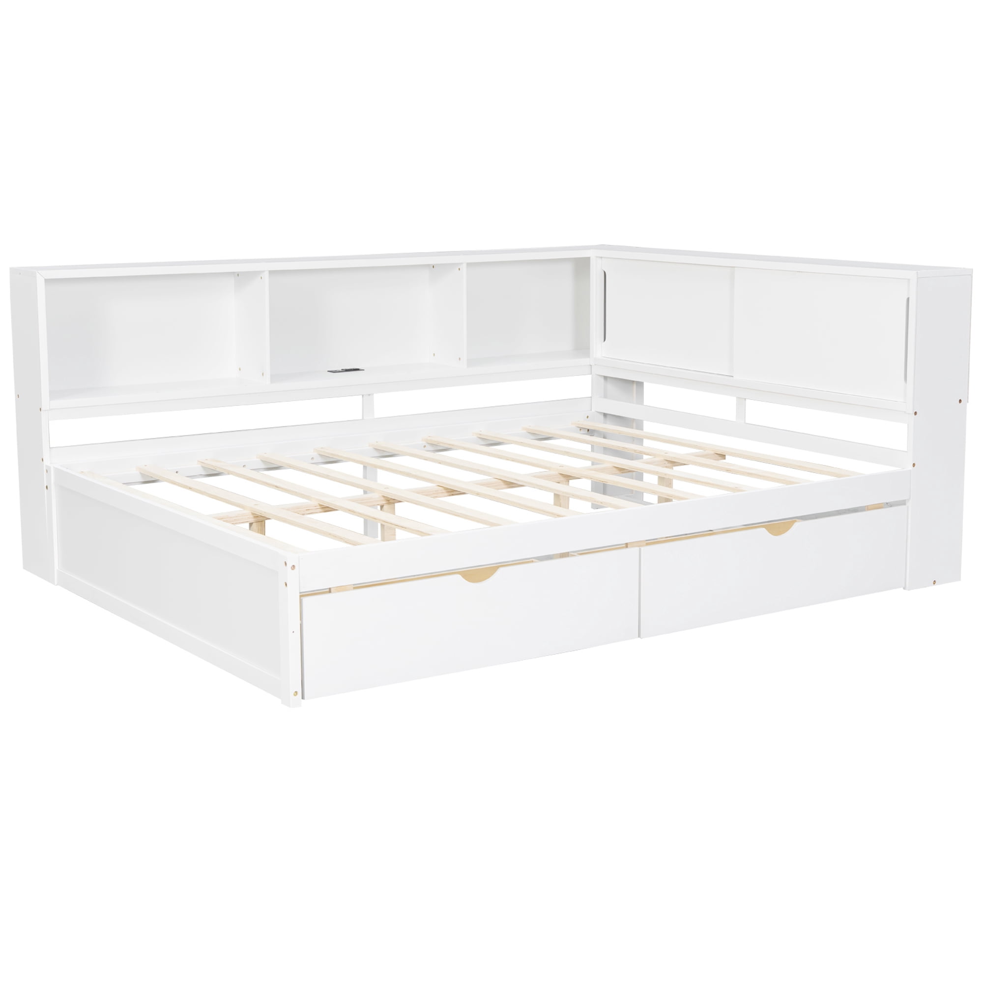 Euroco Wood Queen Size Daybed with Storage Shelves and Drawers, USB Ports and LED Light, White