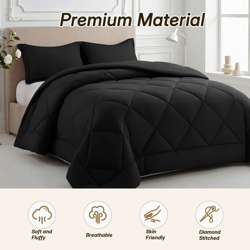 3 Pieces Twin Size Comforter Set, All Season Lightweight Breathable Bedding Set with 1 Down Alternative Comforter and 2 Pillowcases, Black