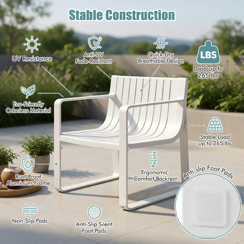 Hommoo 2-Piece Outdoor Patio Chair Set, Ergonomic Curved Back & Seat, Weather-Resistant PP Chairs for Deck, Poolside & Backyard, White