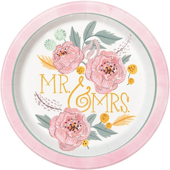 Soft Pink Painted Floral "Mr. & Mrs." Bridal Shower Plates, 9 in, 8ct