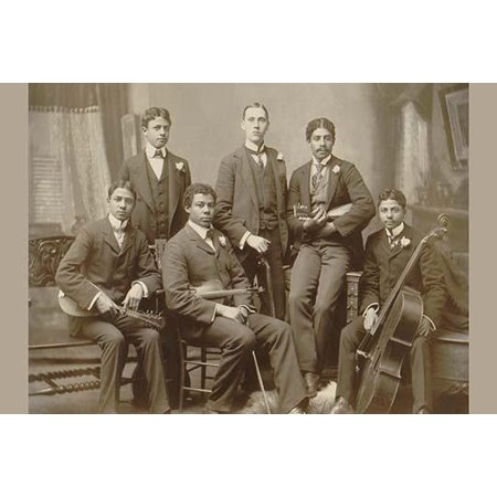 Photograph shows a group of six young men posed with their instruments in the photographers home studio on Summit Avenue Atlanta Ga From left the photographers twin sons Clarence and Norman Askew son