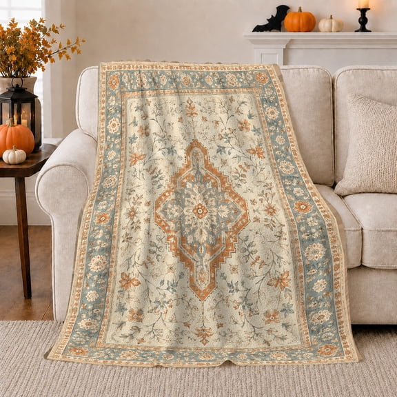 Persian Artwork Medallion Floral Vine Pattern Vintage, Festive Holiday Scene, Warm Flannel Blanket for Living Room and Family Room, Art Lovers Christmas Gift, Festive Home Decor