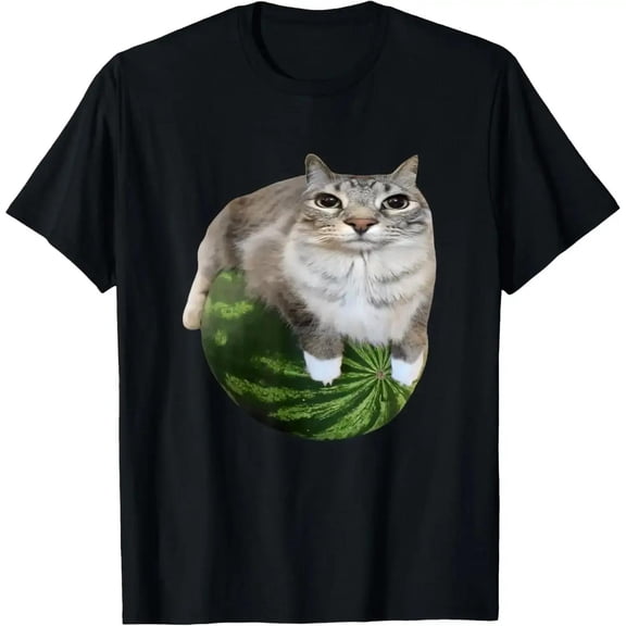 Unisex Black Cat on Watermelon Meme Graphic Tee, Playful Printed T-Shirt, Casual Oversized Top for Cat Lovers & Meme Enthusiasts