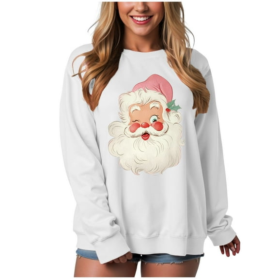 TTUHYWXI Women Christmas Santa Sweatshirt Retro Santa Claus Shirt Crewneck Long Sleeve Xmas Sweater Holiday Pullover Tops (White, 3XL)