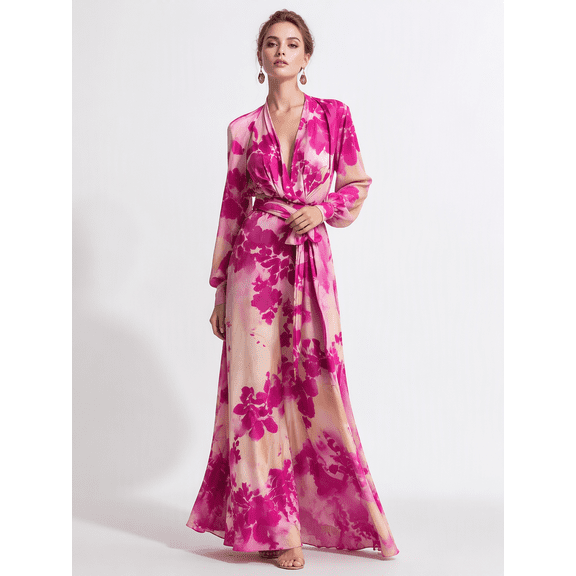 Tbfashion Womens Floral V Neck Maxi Dress Long Lantern Sleeves with Tie Waist Detail