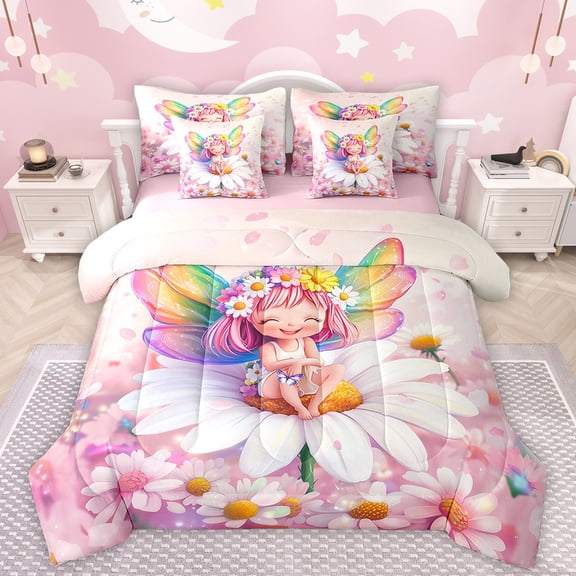 Manfei Kawaii Elf 7-Piece Twin Bedding Sets,Cute Daisy Floral Bedding Comforter Set,Colorful Cartoon Wings Sheet Sets For Kids,Breathable Home Decor Reversible