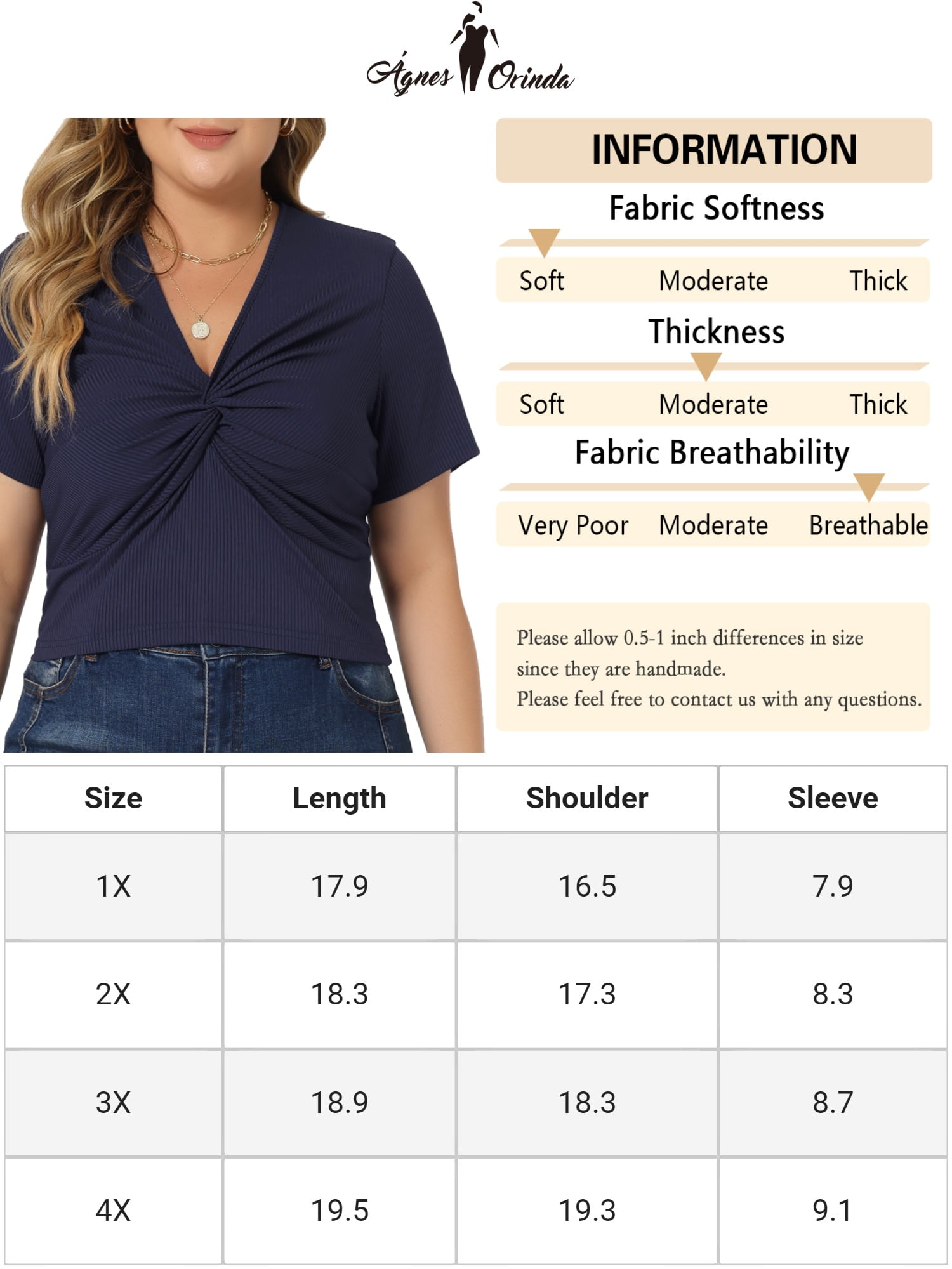 Women's Plus Size Twist Front V Neck Ribbed Short Sleeve Casual Solid Blouses Navy Blue 4X