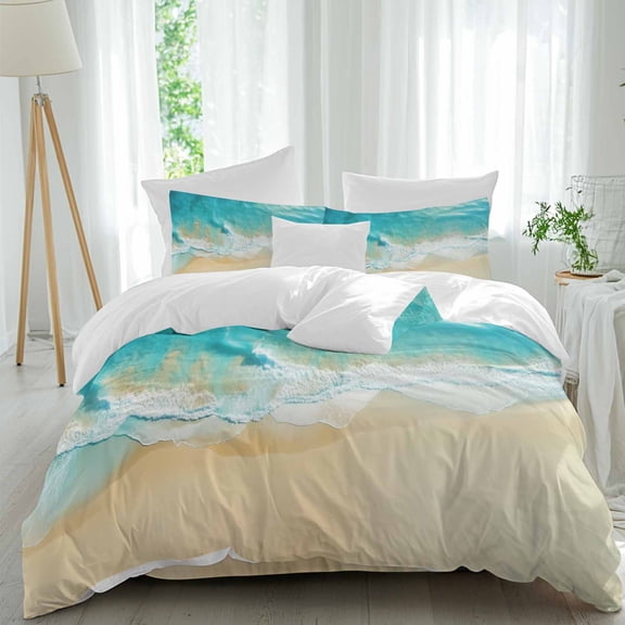 Summer Beach Queen Size Comforter Set, Teal Ocean Waves Bedding for All Seasons, 4 Pcs Bed Set, 1Quiltcover (90"x92") ,1Sheet(94"x116"), 2Pillowcases (30"x20")