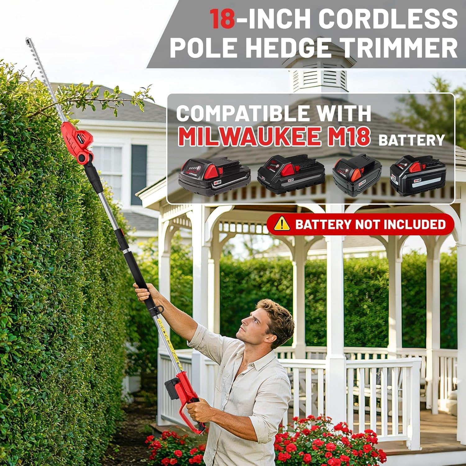 Cordless Pole Hedge Trimmer Compatible with Milwaukee M18 Battery 18-in, 14-ft Max Reach, 150° Adjustable Head (Battery Not Included), Shoulder Strap, 18-in Blade for High Hedges & Bushes
