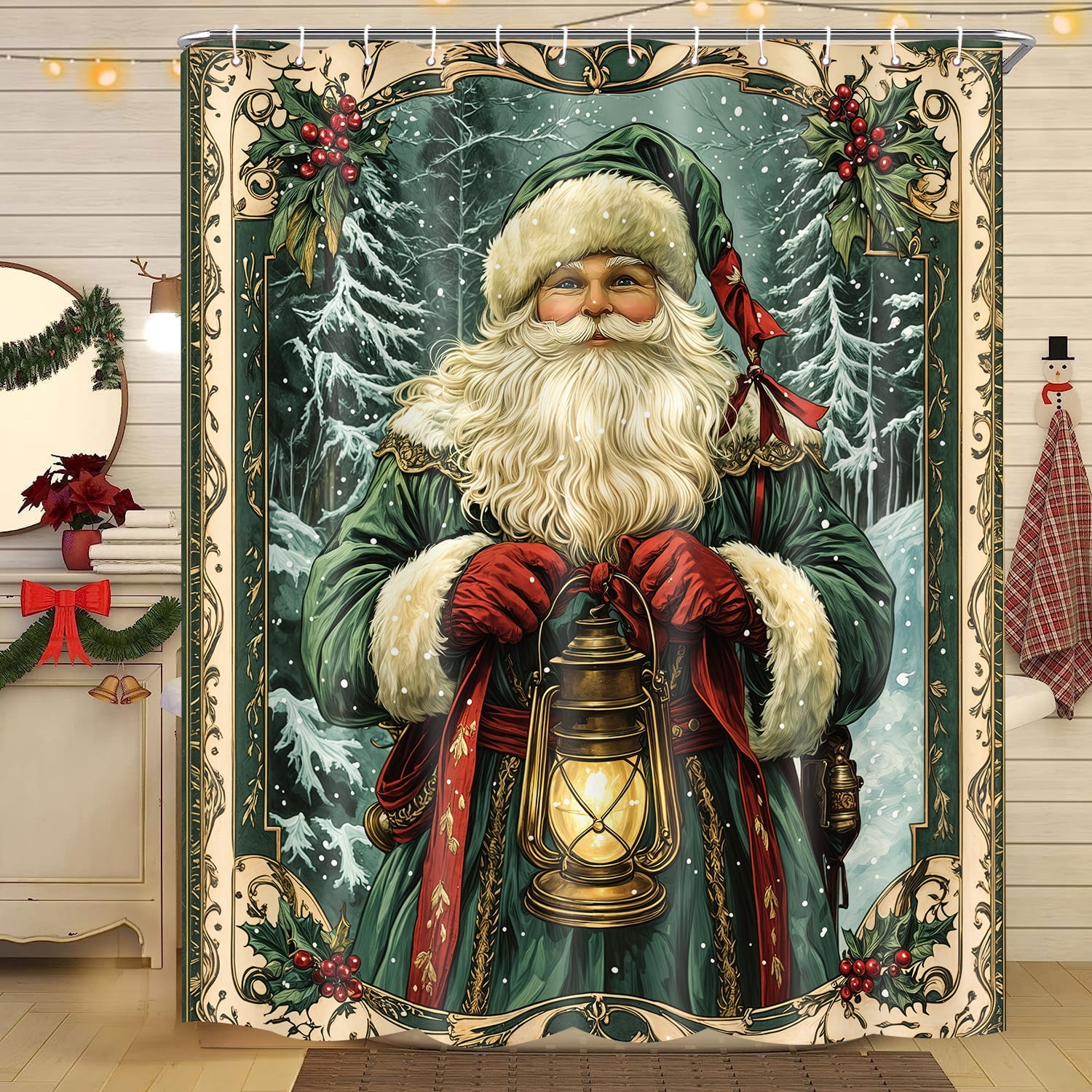 Vintage Christmas Shower Curtain, Funny Green Santa Claus Snow Forest Xmas Tree Pine Leaves Shower Curtain Set for Bathroom, Retro Victorian Santa Shower Curtains with Hooks, 72X72in