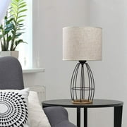 Farmhouse Table Lamp Cage Style Black Chrome Metal Base with Linen Fabric Shade