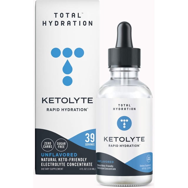 gotas de electrolitos hidratación total hidratación rápida de cetolitos Unflavored Total Hydration, frasco gotero frontal junto a su caja blanca y azul; etiqueta con logotipo de puntos y lágrima y texto KETOLYTE Rapid Hydration, caja indica 39 servings y sellos 'zero calories' y 'sugar free'. Concentrado sin sabor para añadir a batidos o bebidas keto y reponer sodio, potasio y magnesio tras el ejercicio.