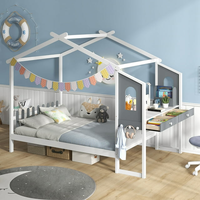 Gymax Full Size Kids House Bed w/ Study Desk & Removable Box Drawers Hanging Hooks