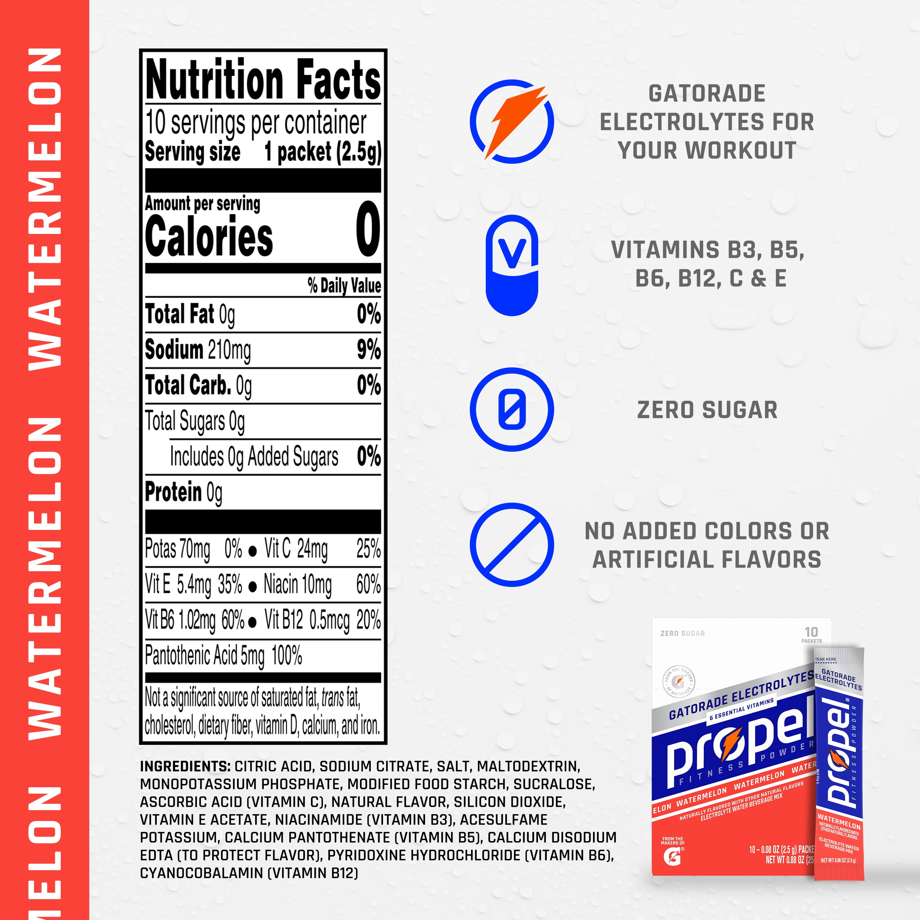 (12 pack) Propel Electrolyte Enhanced Water Drink Mix Powder Packets, Watermelon, Zero Calorie & Zero Sugar Hydration with Electrolytes and Vitamins C & E, (10 Packets)